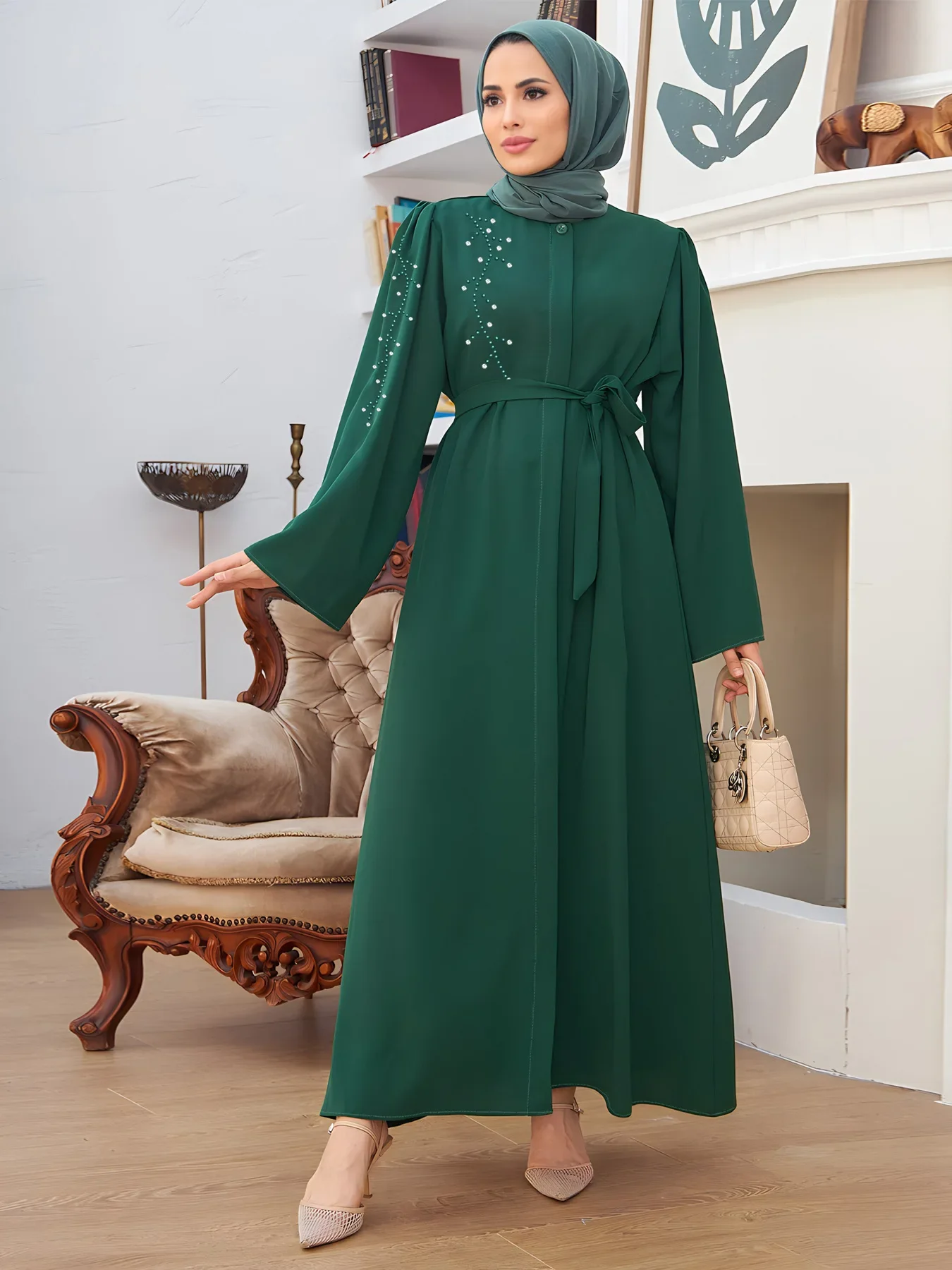 วินเทจแขนยาวมุสลิมดูไบตุรกี Abaya Hijab ผู้หญิง Maxi ยาวชุดลําลองปุ่ม Eid Mubarek Ramadan Sundress