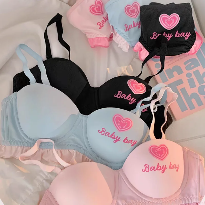 

Kawaii Woman's Underwear Set Female Sexy Anti-Sagging Bra Japanese Sweet Girls Breathable Gather Together Bra Without Steel Rims