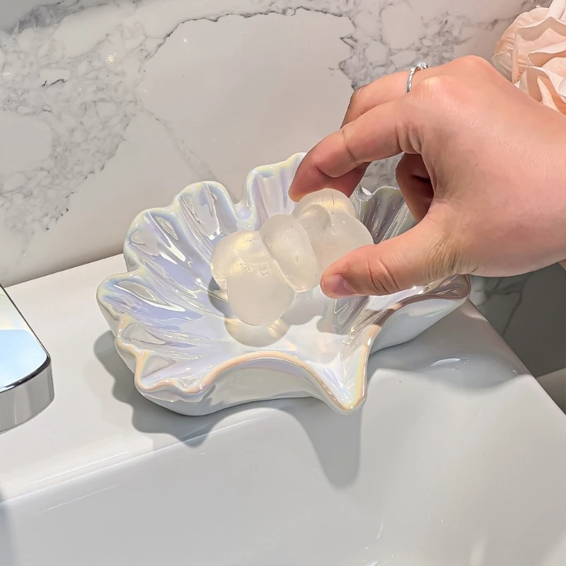 Ceramic Soap Dish for Bathroom Counter Use, Raised Bar Soap Tray with Front Water Outlet and Daily Counter Use C7AC