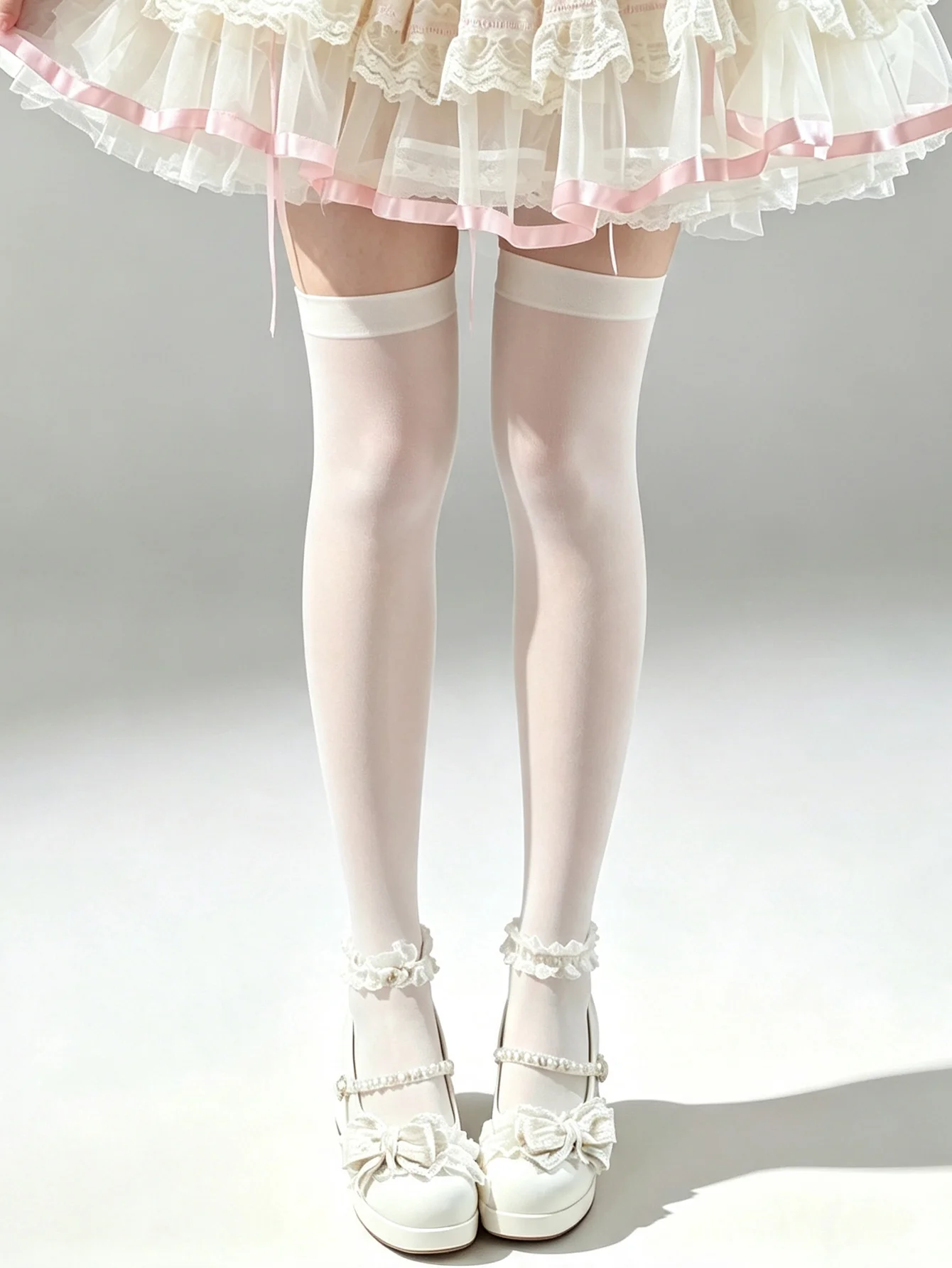 Sweet White Opaque Thigh Highs for Women, High-Stretch Skin-Friendly Hosiery for Lolita & Date Outfits