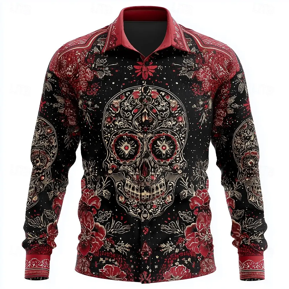 Men's Skull Day of the Dead Flower  Floral Shirt 3D Printed Shirt Button Up Shirt Casual Long Sleeve Shirt Street Blouse for Men