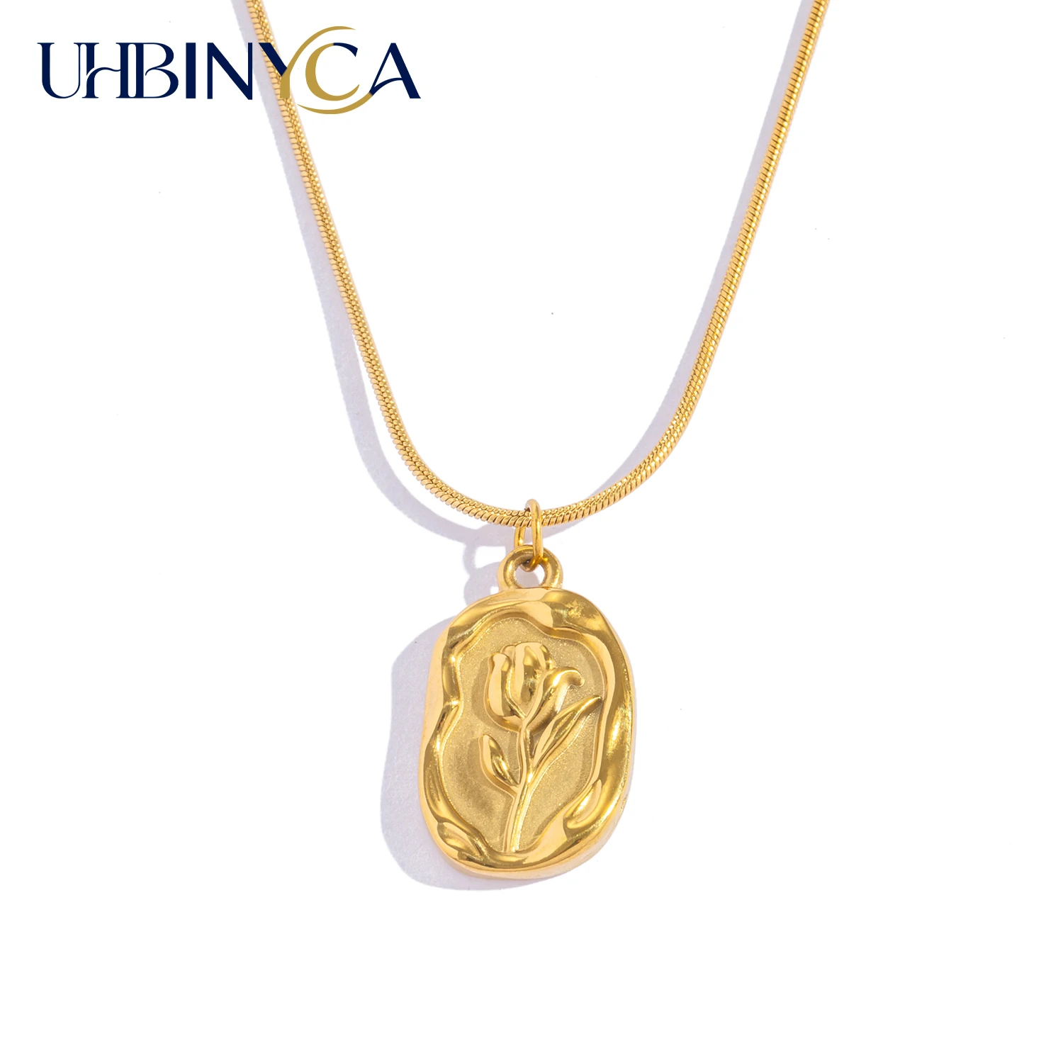 3D Romantic Rose Pendant Necklace for Women Carved Stainless Steel 18K Gold Plated Polished Jewelry Valentine's Day Gift for Her