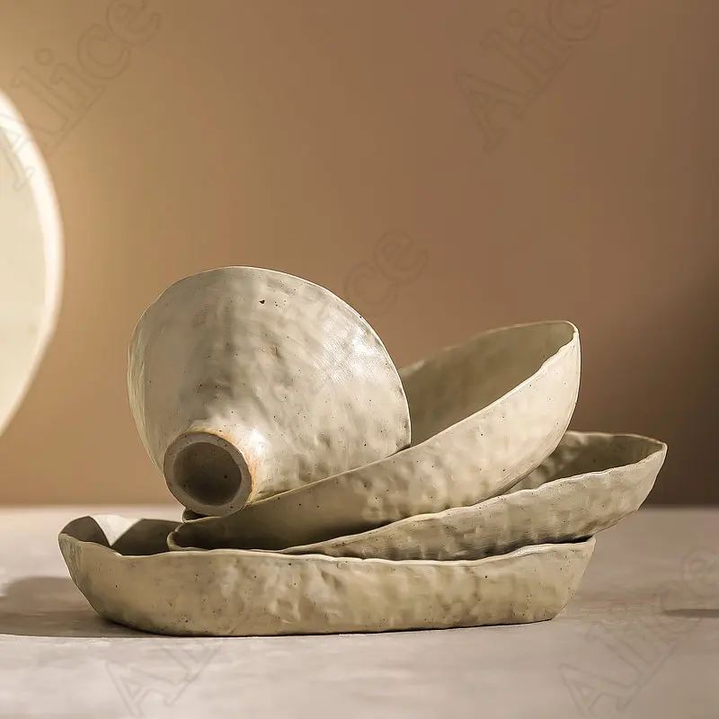 

Creative Irregular Dishes and Plates Sets Vintage Hand Pinch Texture Tableware Feature Hotel Dinner Plates Dessert Bowl Home