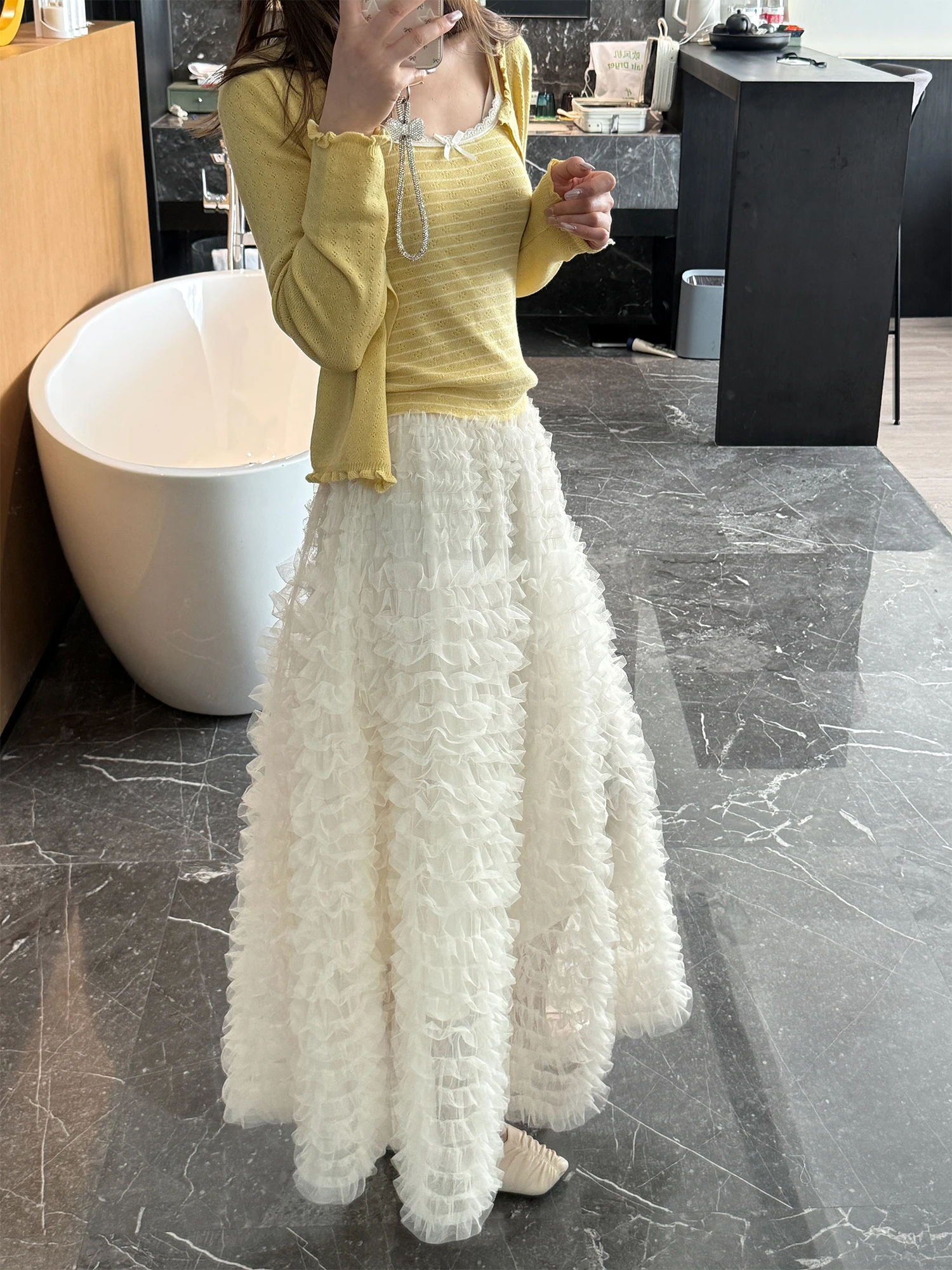 

Женская пышная юбка-кейк Slimming Mko Big Sister Gentle Wind Me, новинка весны 2026, модель Aosphere Sensation, длина до колена, размер S