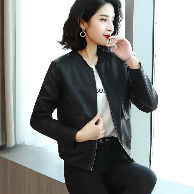 Add Cotton/No Cotton Short Black Leather Jacket Women Autumn Winter Korean Loose Baseball Uniform Casual Faux Leather Jacket 4XL