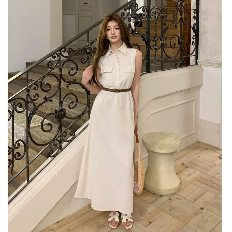Femmes printemps été col de chemise sans manches robe longue avec ceinture élégant décontracté Vintage élégant bureau dame Blouse robe