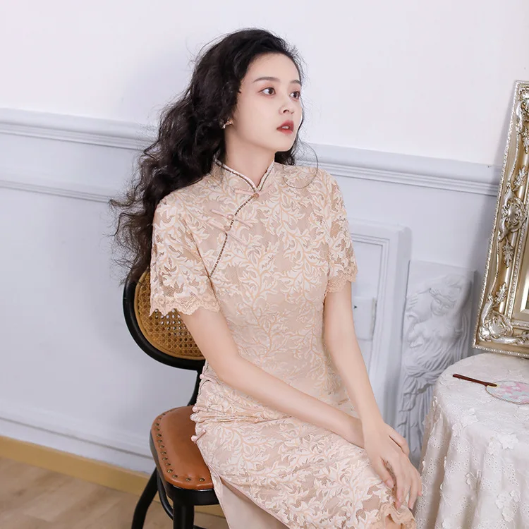 Summer Autumn New Style Fashionable Young Lace Cheongsam Mid-Length Double Layer Improved Slim-Fitting Daily Banquet