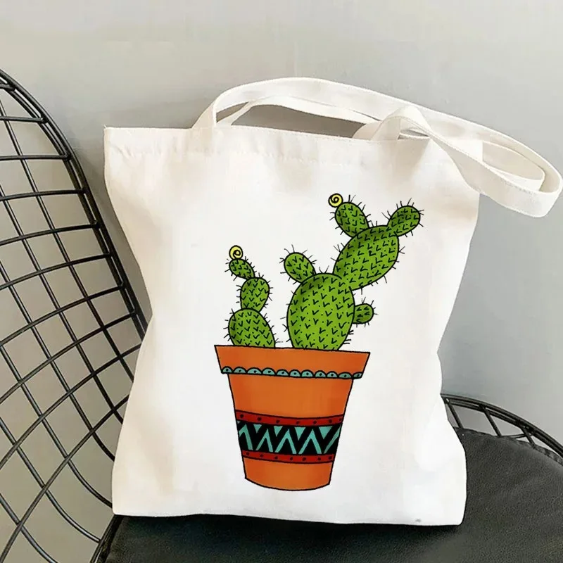 

Cactus Plant Printed Canvas Shoulder Bag Ladies Fashion Casual Tote Eco-friendly Large Capacity Portable Travel Shopping Bag