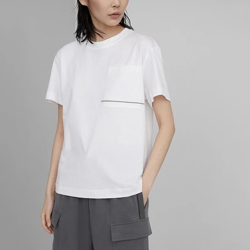 Women's Stretch Cotton Short Sleeve Top, Slim Body Shirt, Round Neck, Korean Fashion, Summer, New, 2024 High Quality, y2k