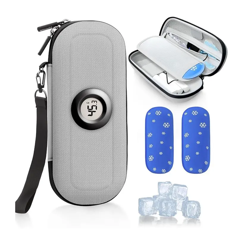 

ABGR-Temperature Display Insulin Cooler Diabetes Travel Case With Thermometer, Refrigerated Medication Storage Bag Gray