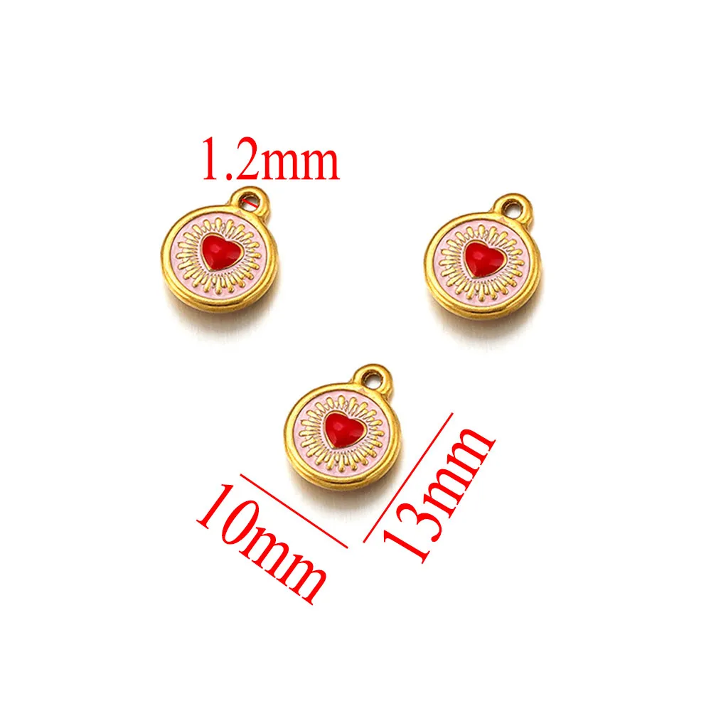 5pcs Stainless Steel Red Enamel Round Heart Design Charm for DIY Necklaces Earrings Gold Charms Craft Jewelry Materials Findings - view 3