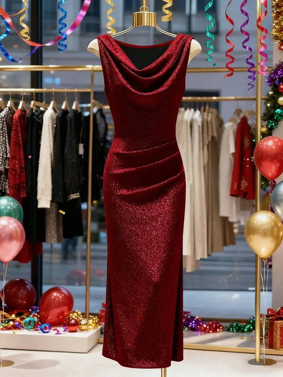 

Sparkly Red Sleeveless Cowl Neck Evening Dress for Holiday Parties