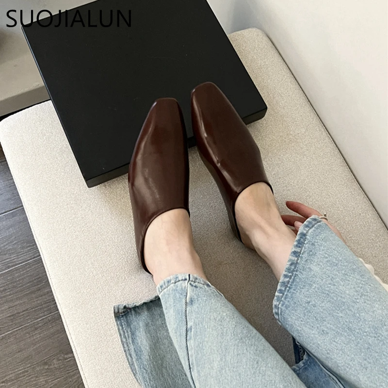 SUOJIALUN 2023 Autumn Women Slipper Ladies Round Toe Slip On Ladies Casual Mules Shoes Flat Heel Outdoor Dress Sandal Shoes