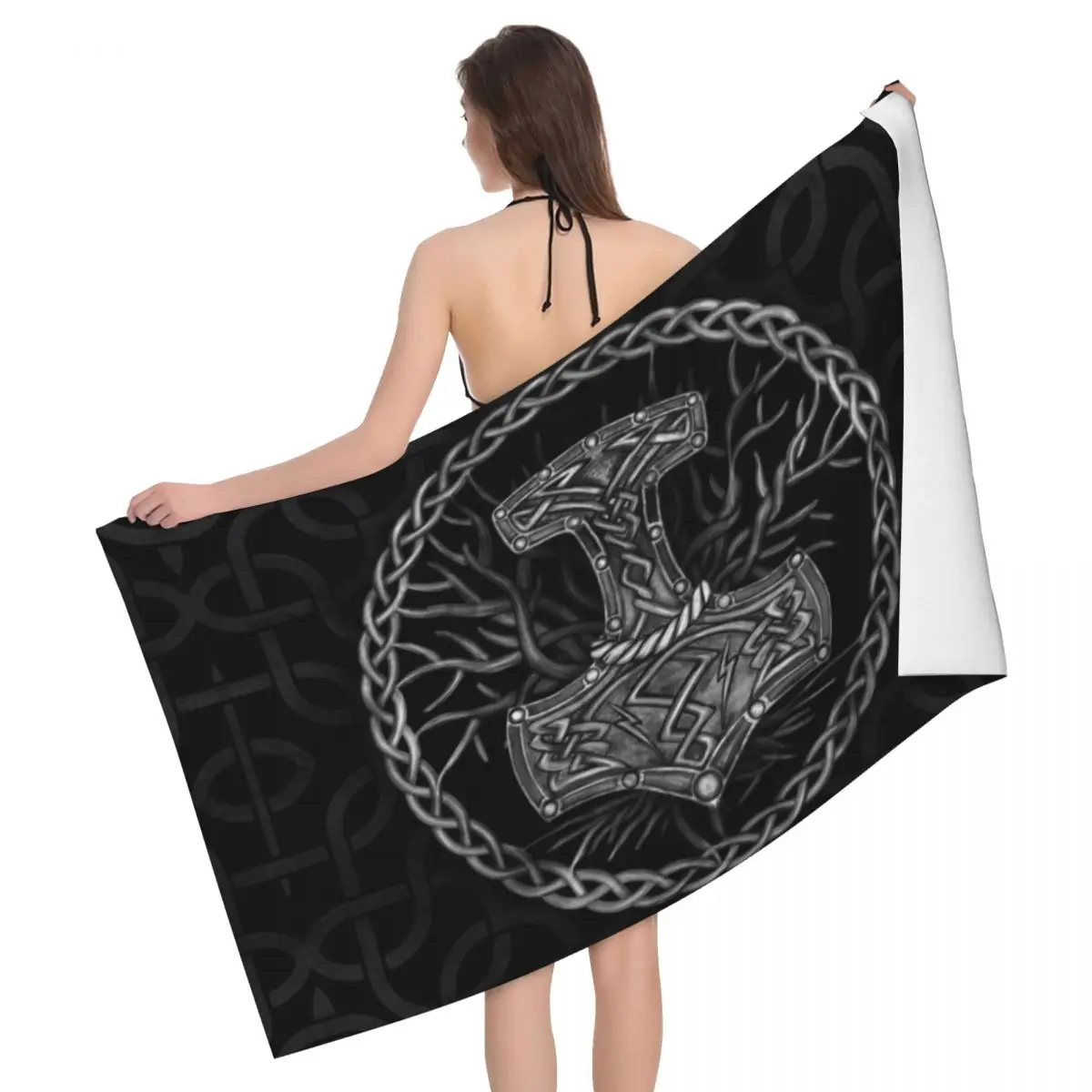 Mjolnir The Hammer Of Thor And Tree Of Life Beach Towel Personalized Norse Viking God Super Soft Microfiber Bath Towels