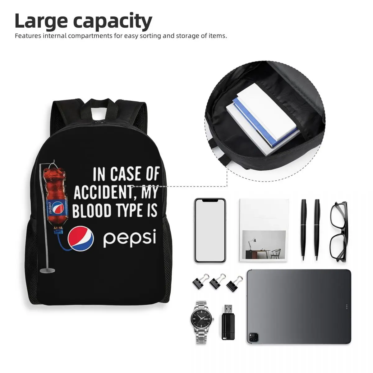 في حالة حادث بلدي نوع الدم هو -Pepsi حقيبة ظهر الطالب حقيبة مدرسية المشي لمسافات طويلة السفر Daypack الرجال النساء الكتب حقائب الكتف