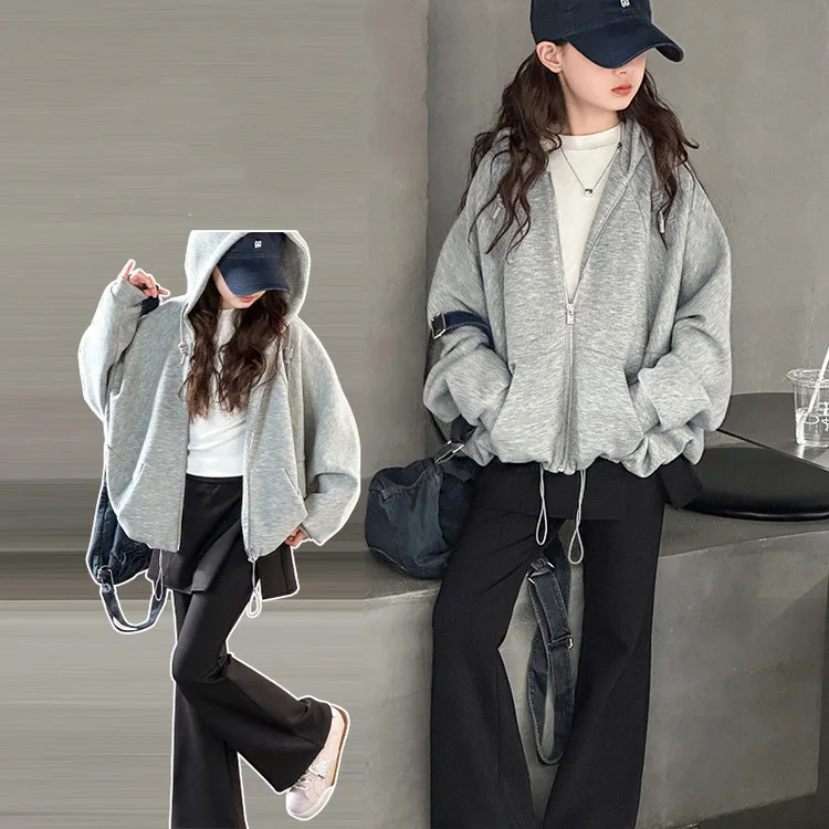 

School Girls Two-piece Sets Autumn Kids Girls Zipper Long Sleeves Hooded Coat Elastic Waist Bootcut Pant Children Girls Outfit