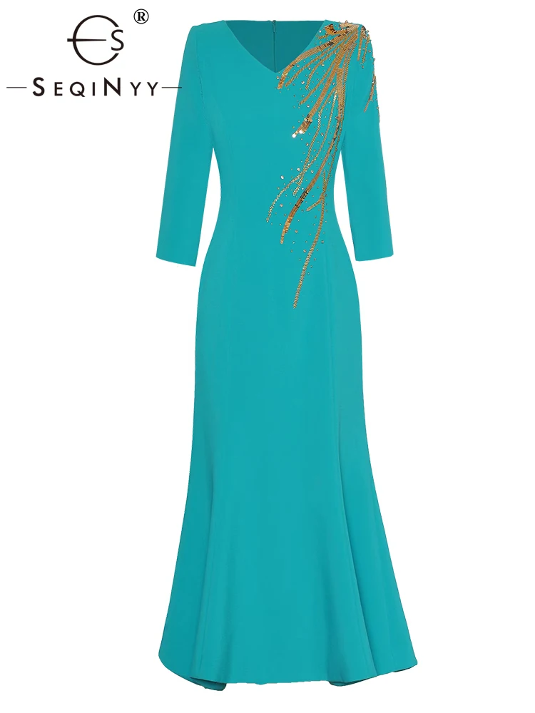 

SEQINYY Elegant Midi Dress Spring New Fashion Design Women Runway V-Neck Beading Sequined High Quality Slim Party Office Lady