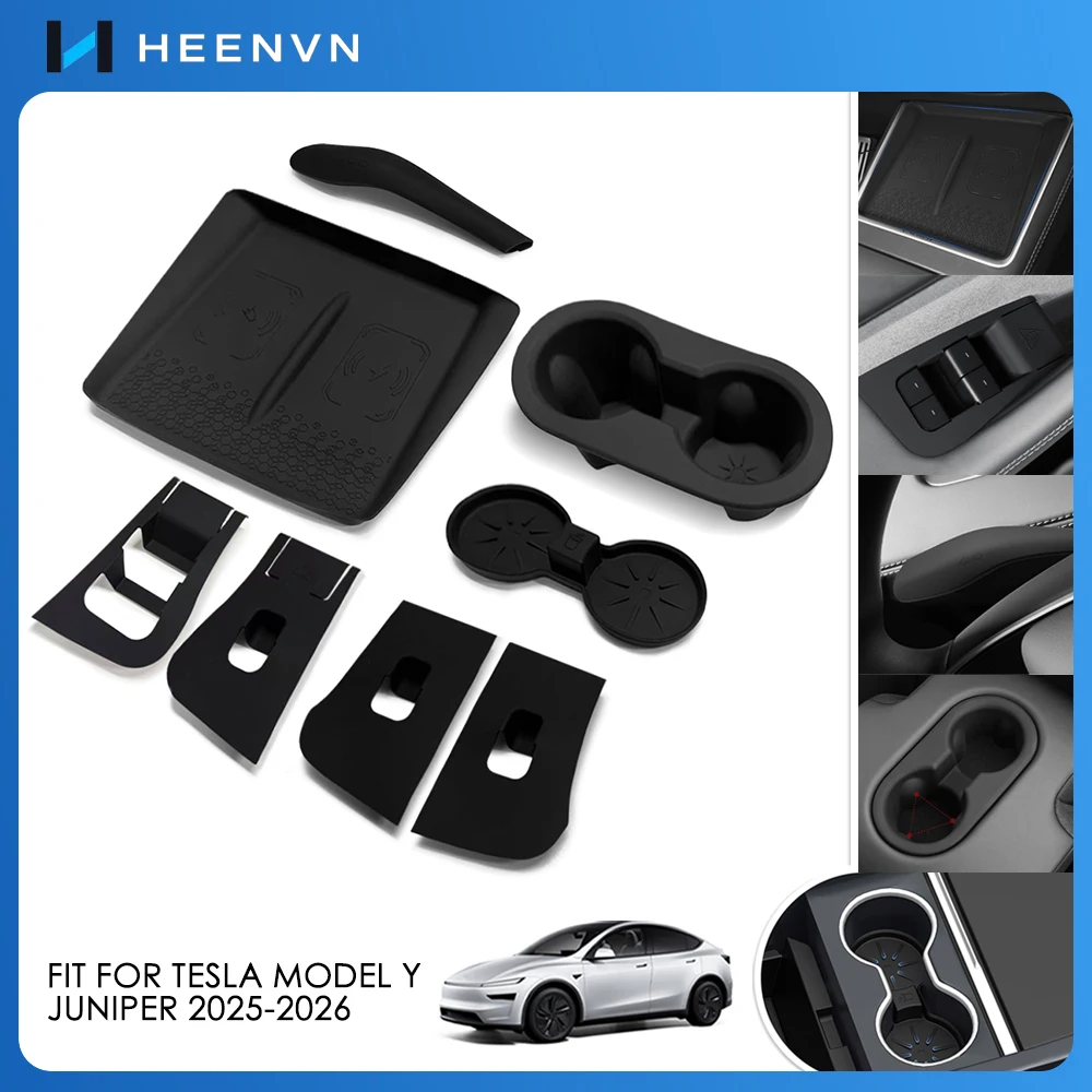 Heenvn 8Pcs Car Wireless Charging Silicone Pad For TESLA Model Y Launch 2025 2026 Cup Holder Steering Wheel Lever Shift Cover