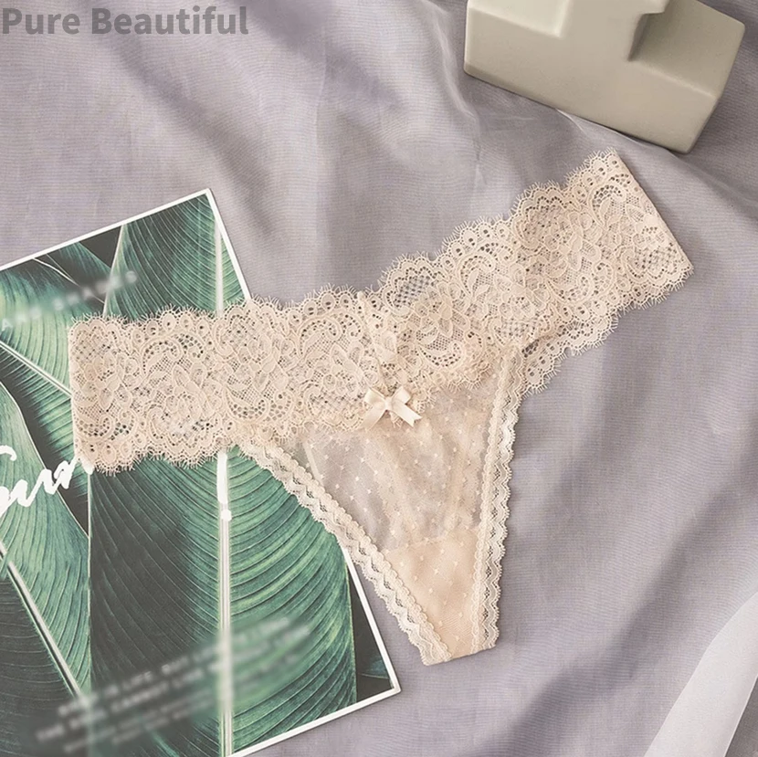 Sexy Lace Transparent Thongs Women Low Waist Sheer Mesh Bow Sexy Lingerie Ladies Solid Color T Back Seamless Underwear стринги