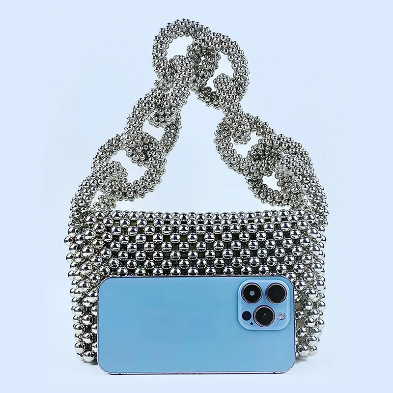 High Quality Silver Acrylic Beaded Evening Bag Luxury Design Heavy Beaded Small Square Bag Female Wedding Party Shoulder Bag