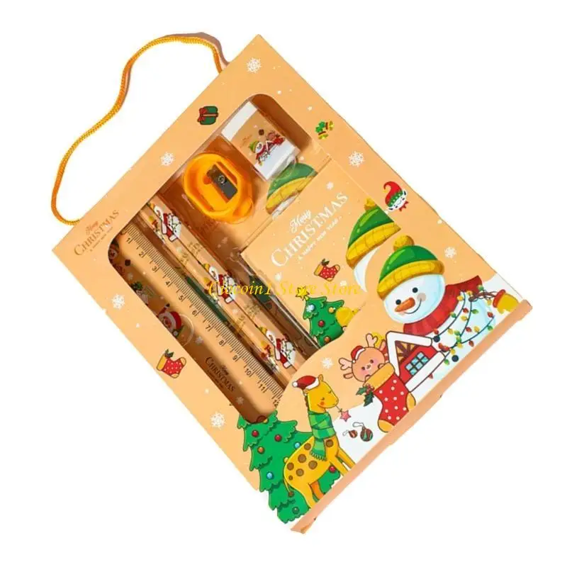 A3PC Christmas Stationery Set for Kid and Student including Christmas Pencil, Eraser, Ruler, Pencil Sharpener, Mini Notes Pad