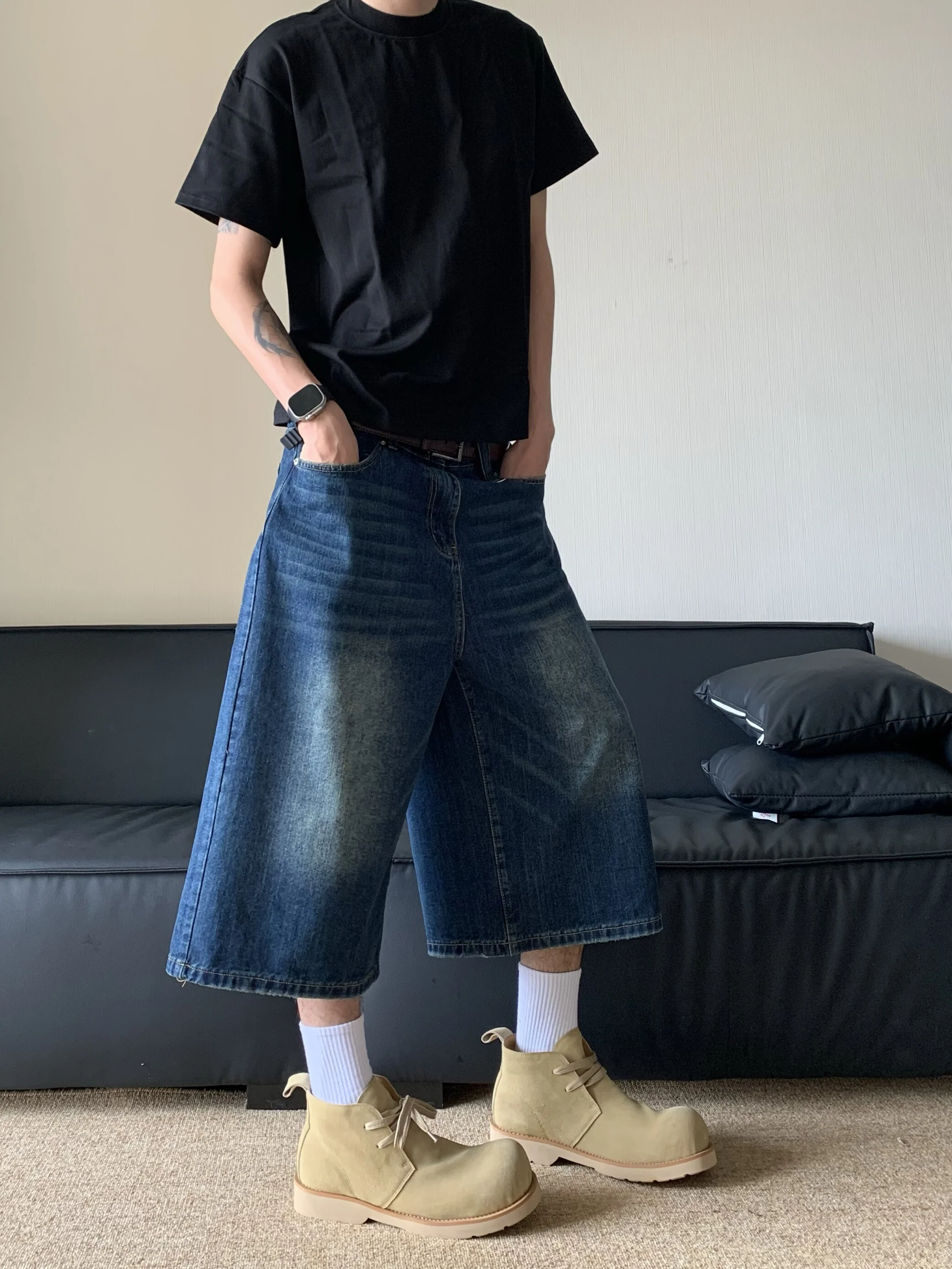 Washed Colossus Jorts Hip Hop Wide Leg Knee Length Shorts New Fashion Denim Calf-Length Pants