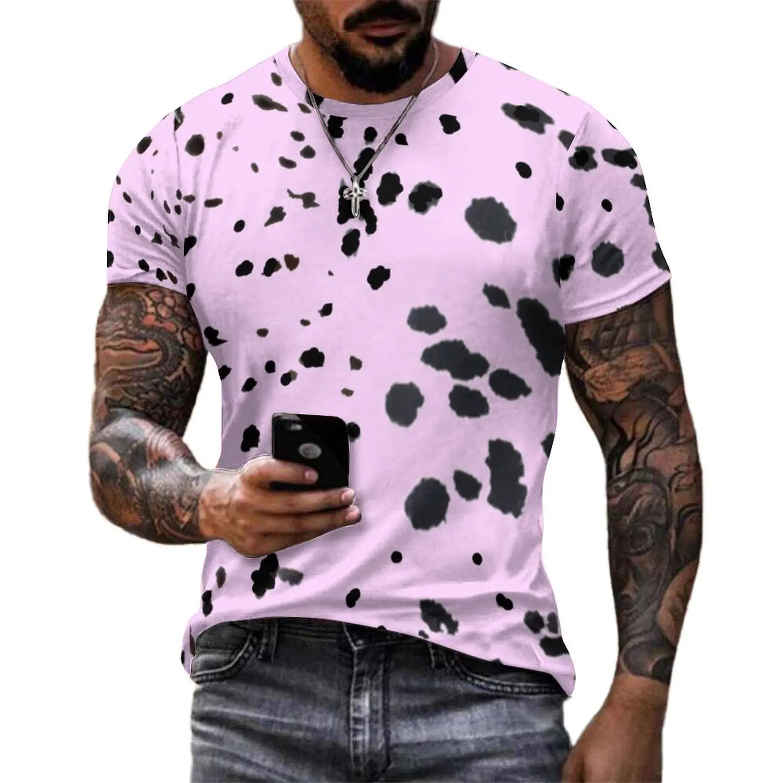 Pink Dalmatian Print T Shirt Polka Dots Funny T Shirts O-Neck Vintage Tee Shirt Summer Men Graphic Clothes Plus Size
