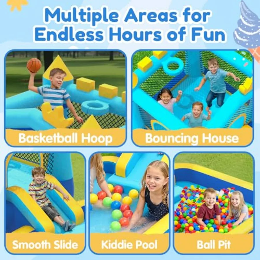 Inflatable Bounce House with Pool Slide for Ages 3-8, Heavy-Duty 840D Oxford Fabric, Blue, Includes 350W Blower, 8 Stakes, Repa