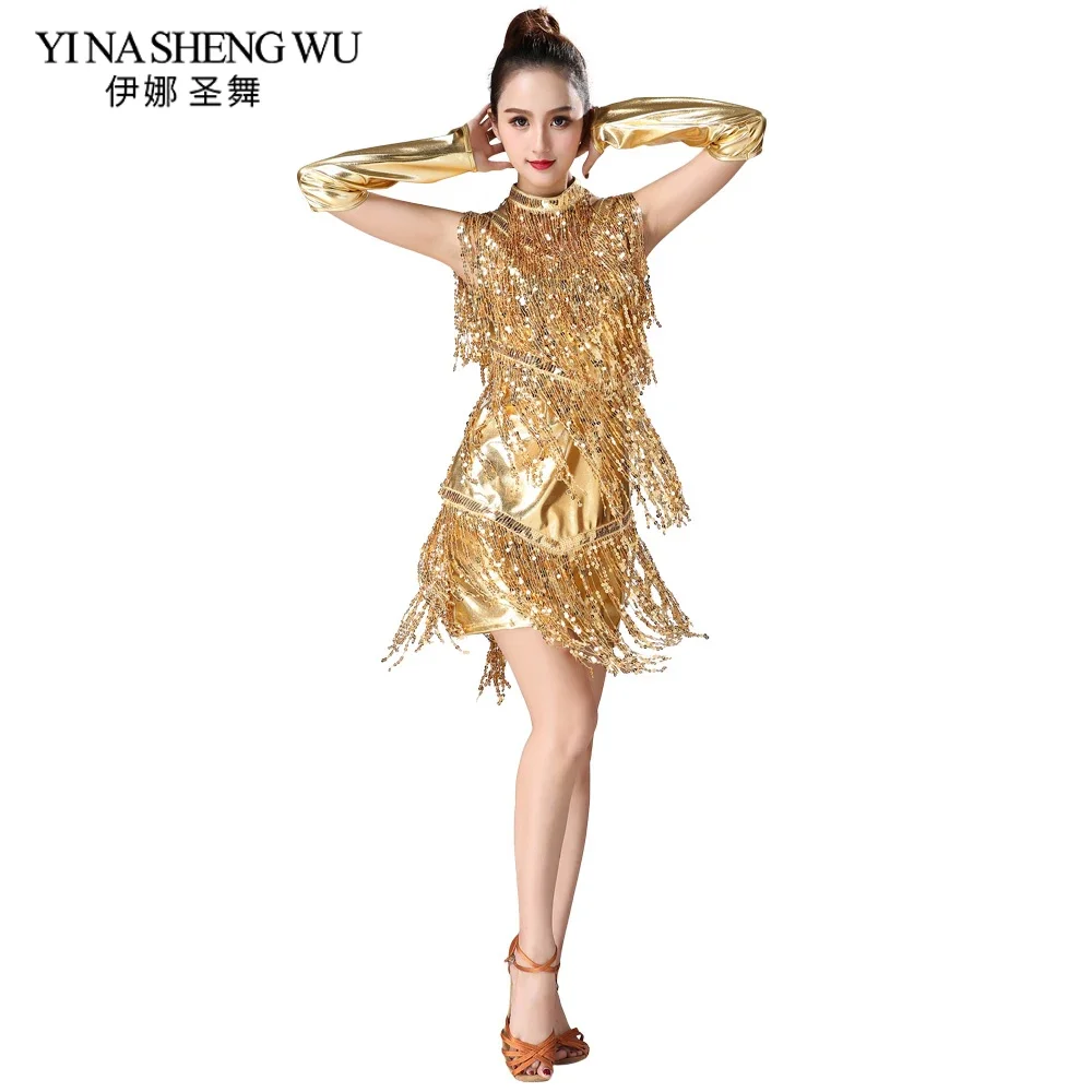 Latin Dance Clothes Women Latin Dance Stage Performance Competition Dress Dance Sequin Fringed Costume Skirt With Glove Necklace