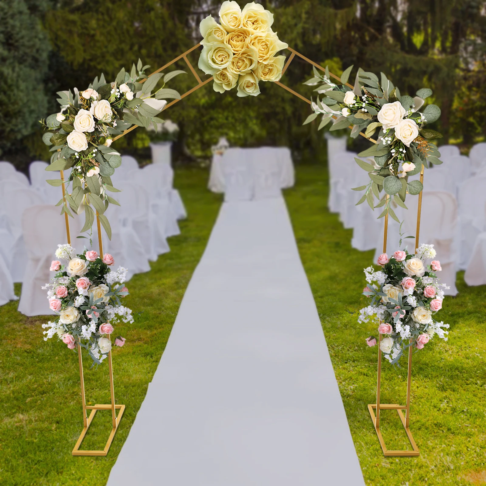

6.56×7.87ft Golden A-Shape Wedding Arch, Carbon Steel with High-Temp Baking Paint, Wind-Resistant Base—Tool-Free Assembly