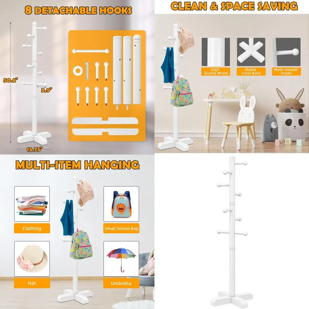 

8-Hook Adjustable Height Tree-Style Coat Rack for Home, Office, and Hallway in White