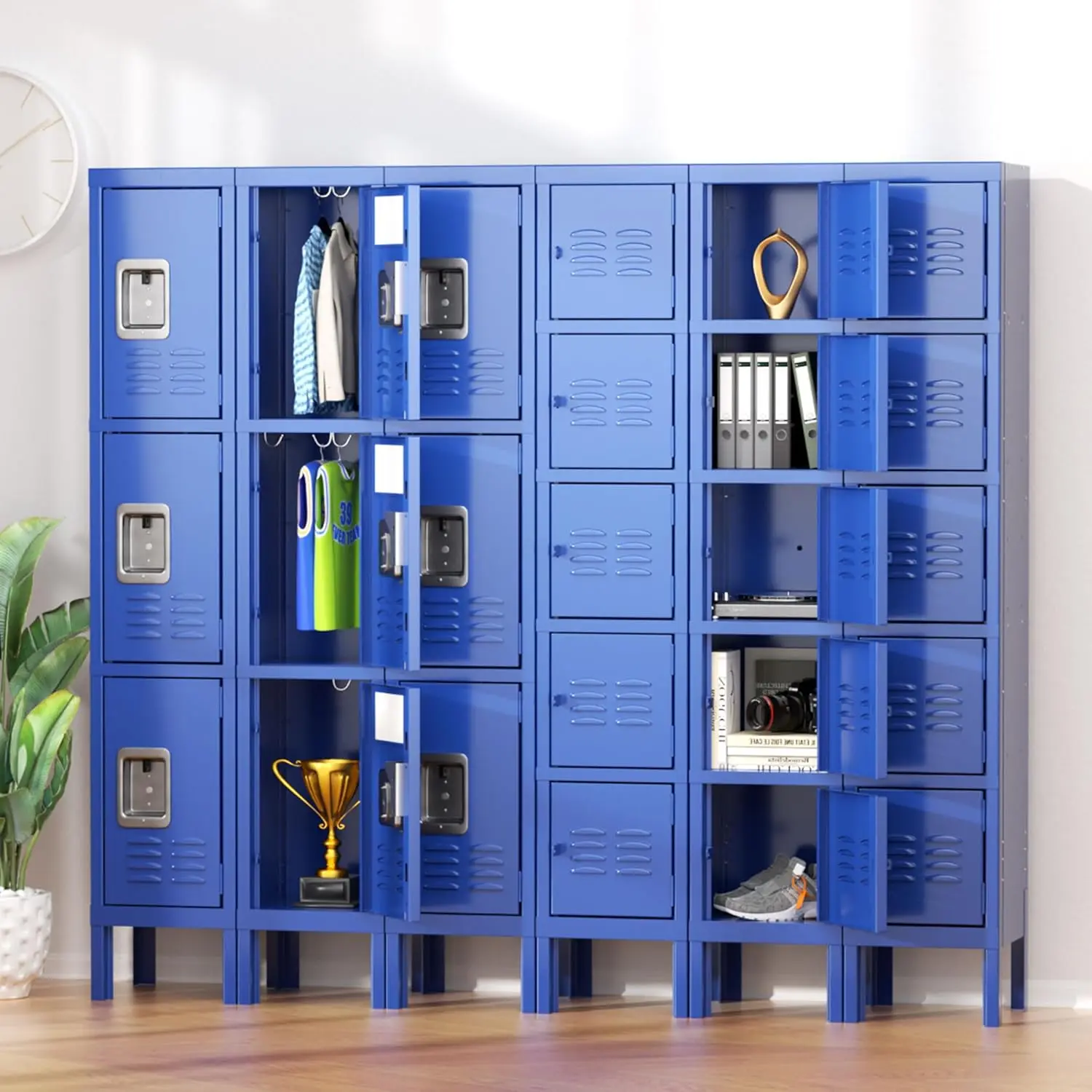 Storage Locker for Employee,Office,Metal Gym Locker with 3 Door,Steel Blue Locker Cabinet Organization for School, Free Standing