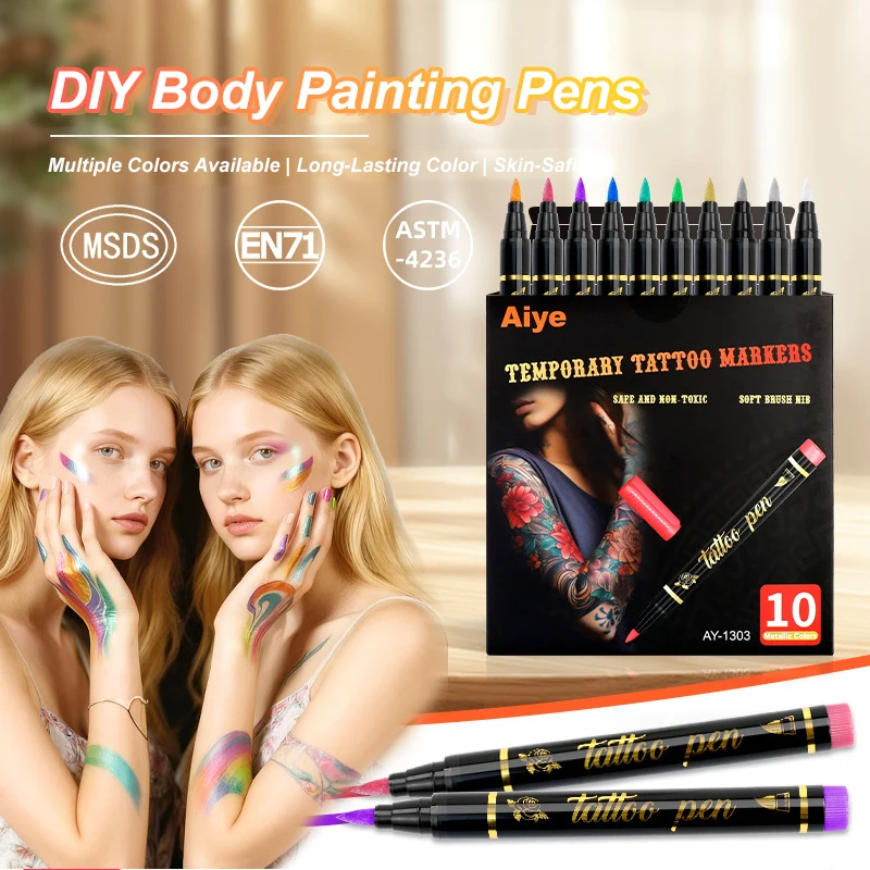 10 Colors Temporary Tattoo Markers Kit Safe Non-Toxic Body Paint Art Pen Waterproof Long-Lasting Tattoo Pens for Party Makeup