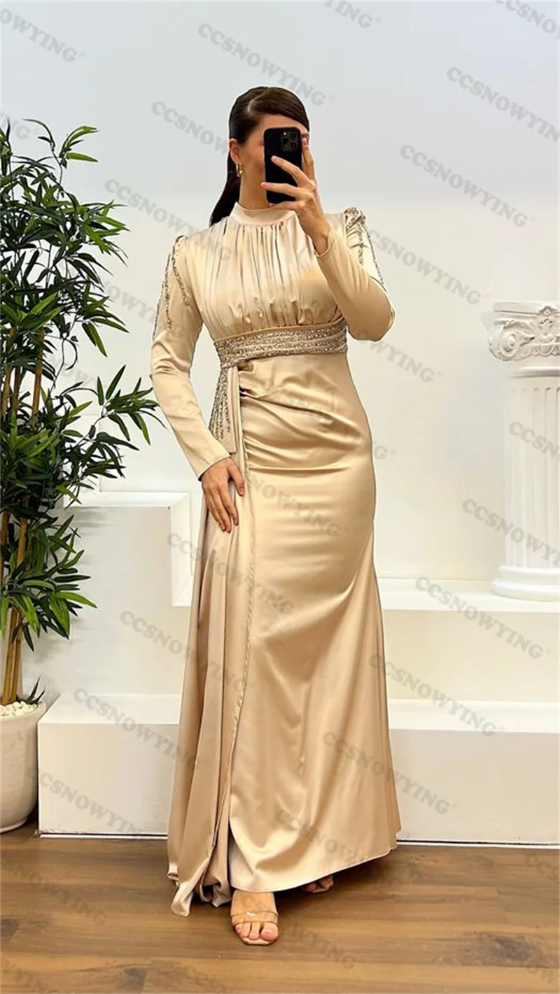 

Champagne Satin Muslim Hijab Beaded Evening Dresses Full Sleeve Islamic Formal Party Gown Women Arabic Robe De Soiree