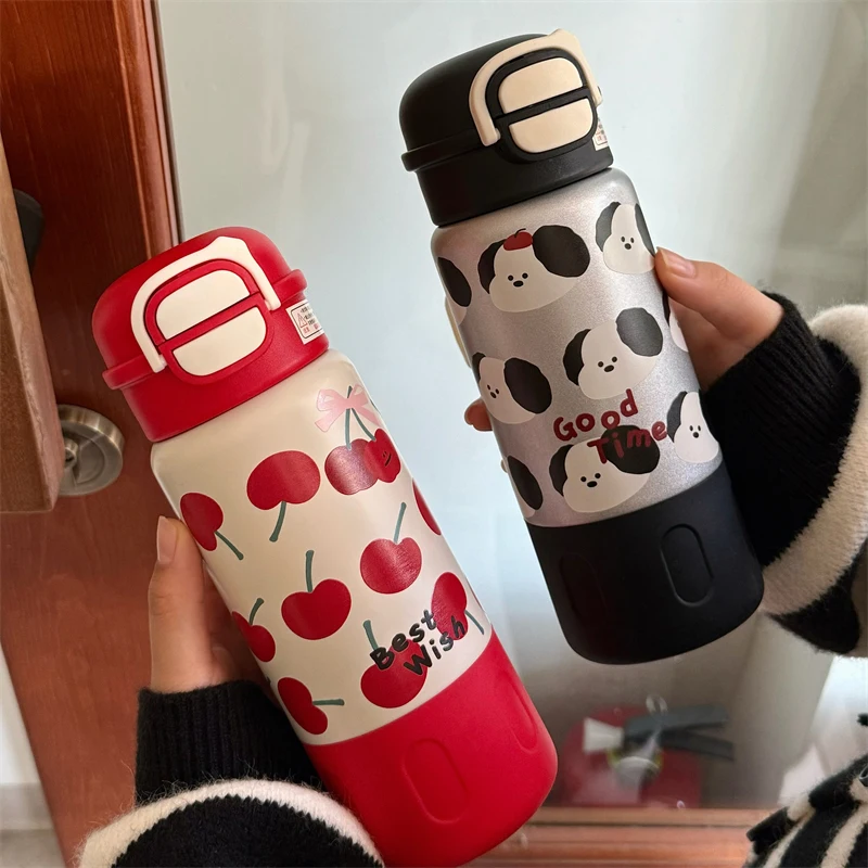 Cute Cherry Puppy Water Bottle 500ml Kawaii Stainless Steel Thermal Bottle Thermos Cups With Straw Coffee Tea Tumbler Girl Gift