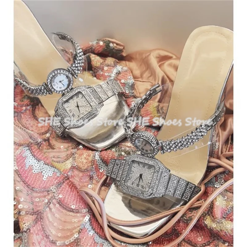 Fashion Design Rhinestone Watchband One-Strap Women Sandals Peep Toe Transparent Chunky Heel Slippers Lady Party Dress Pumps