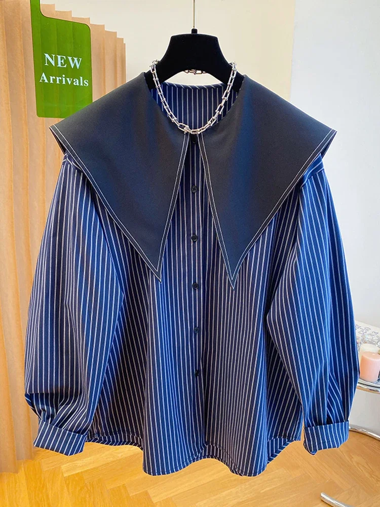 

Spring Autumn Vintage Loose Women Shirts Korean Fashion Elegant Chic Blusas Mujer Sailor Collar Blouses Stripes