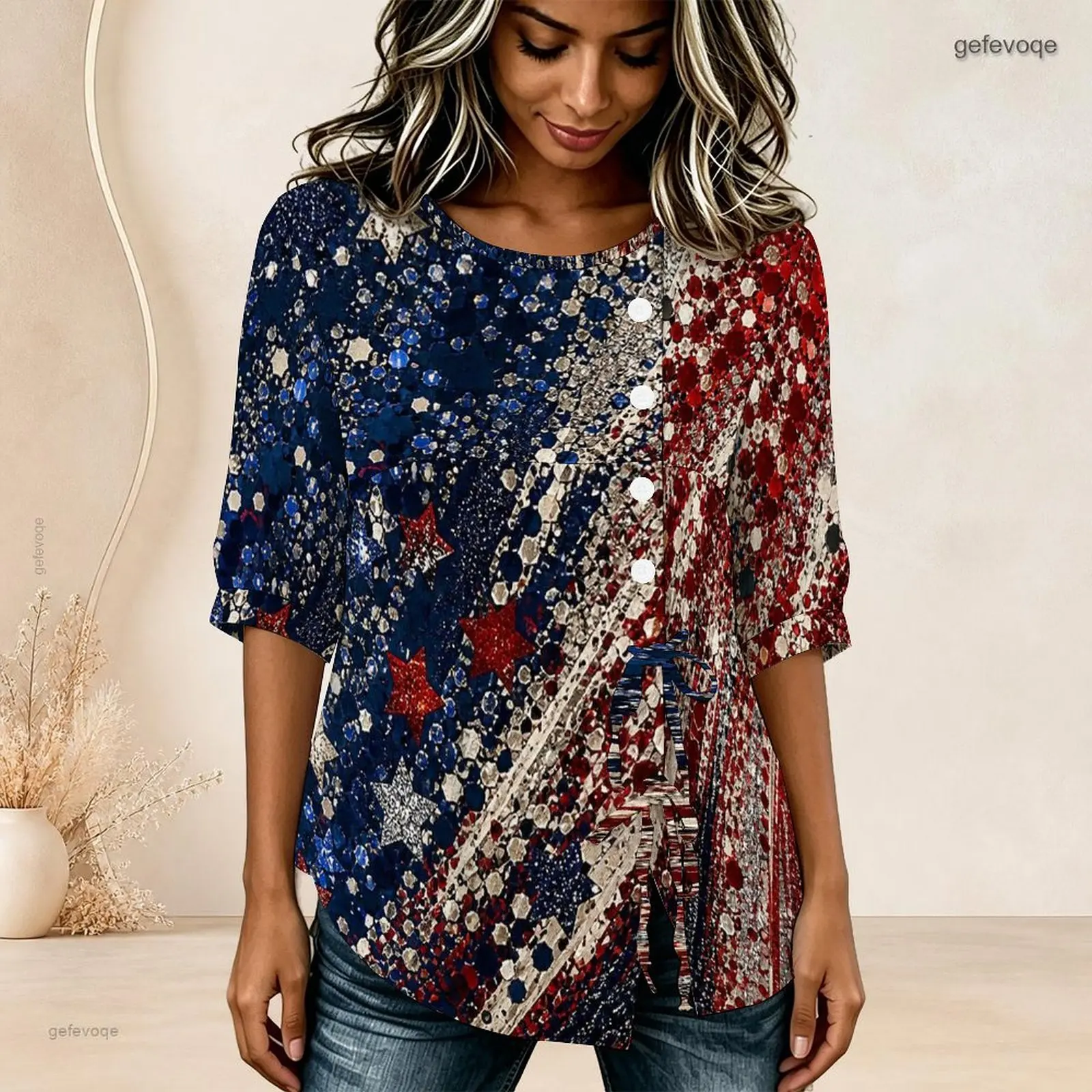 Printed Blouse for Women Round Neck Half Sleeve Gathered Front Button Detail Tie Hem