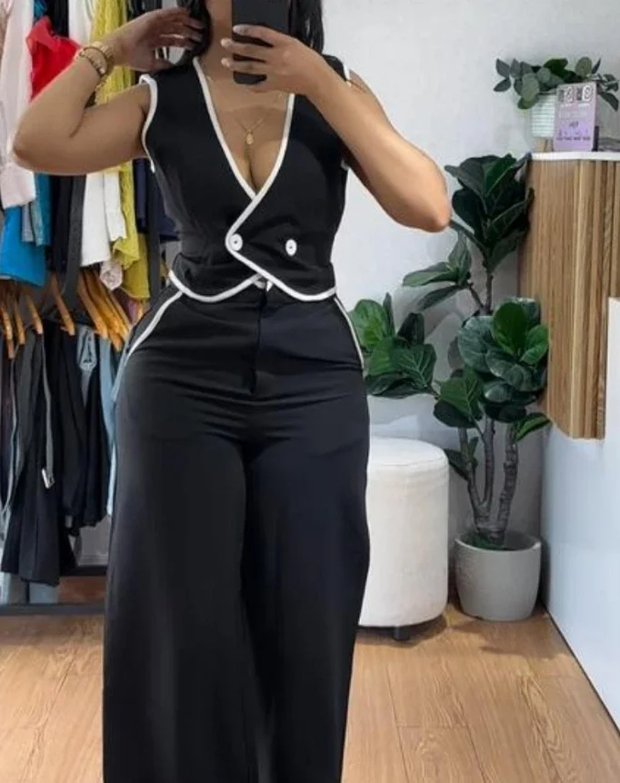 

Two Piece Set Women Outfit 2025 Spring New Colorblock V-Neck Contrast Binding Sleeveless Vest Tank & Casual Wide Leg Pants Set
