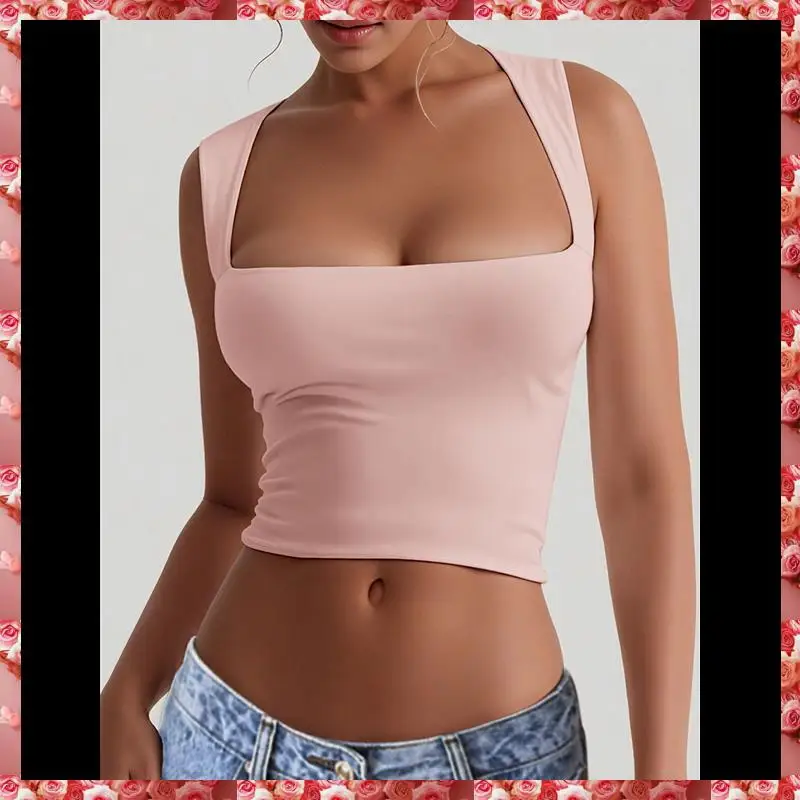 قطع علوية نسائية قصيرة بدون أكمام برقبة مربعة 2025 لطيفة بطبقة مزدوجة بدون خياطة بقصة ضيقة Y2k