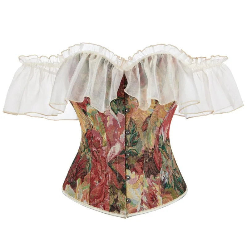 Corsé renacentista Floral a la moda para mujer, corpiño gótico Vintage por encima del busto con manga de volantes, corsé Sexy con cordones