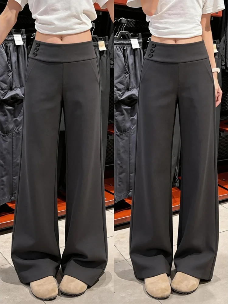 

Deep Grey Vintage Side Waist Wide Leg Suit Pants Women Summer Thin High Waist Draped Slimming Lazy Button Straight Leg Pants