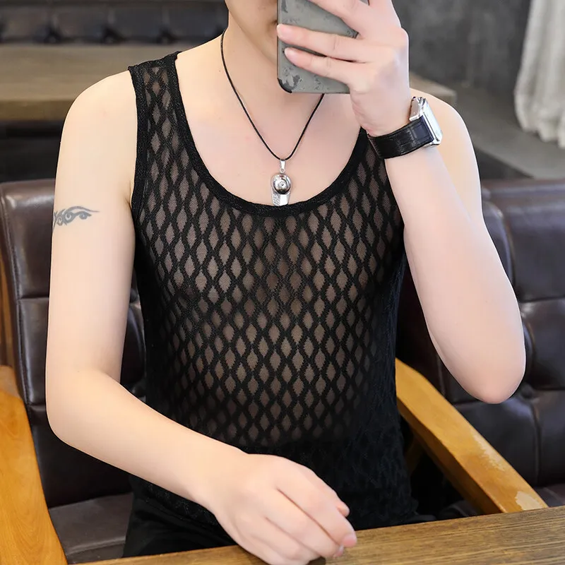 Retro Hollowed Out Jacquard Tank Tops Men's Summer Ice Silk Breathable Casual Crew Neck Sleeveless Vest Social Sports Tees Tops