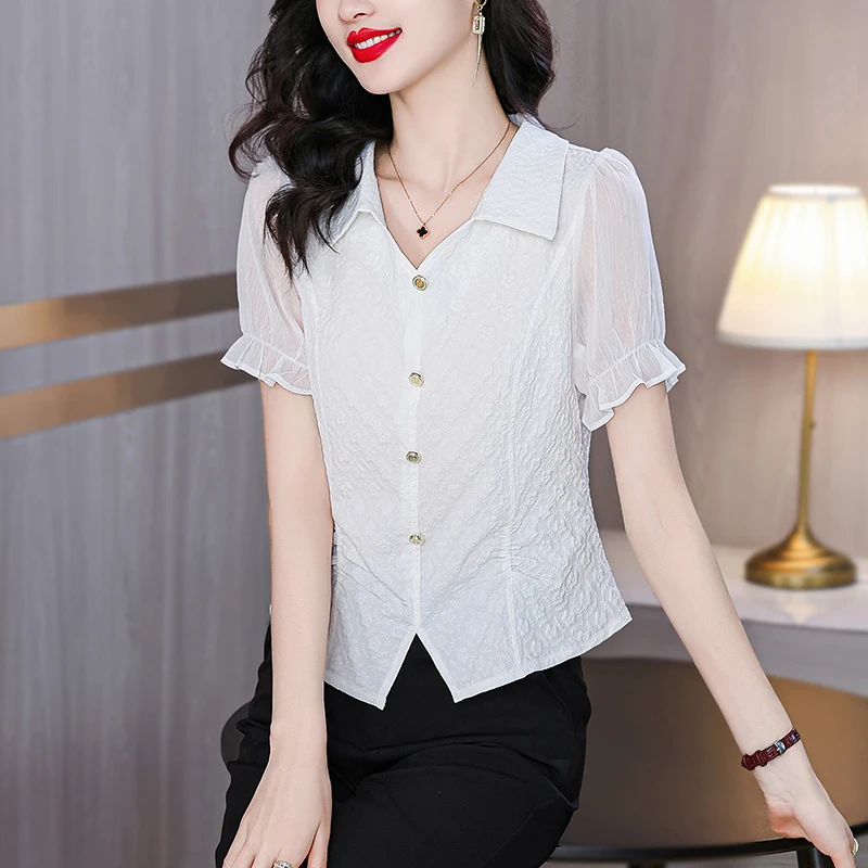 2024 Summer New White Shirt Design Sense Women\'s Bubble Sleeves French Style Slim Fit Gentle and Unique Pullover Shirt Short Sle