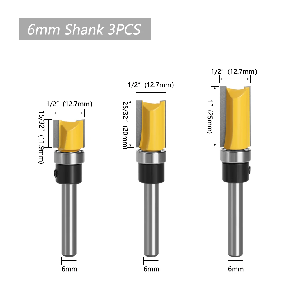 3pcs 6mm Shank Flush Trim Router Bit Pattern Bit Top Bottom Bearing 12mm Blade Template Wood Milling Cutter Carpenter MC06080