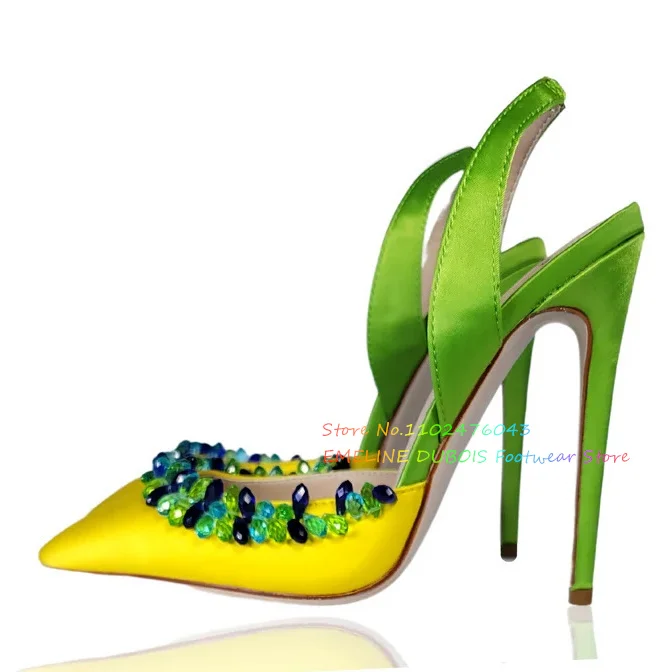 Blue Crystal Embellishments High Heel Sandals Women Stain Pointy Toe Back Elastic Strap Elegent Party Dress Ladies Summer Pumps