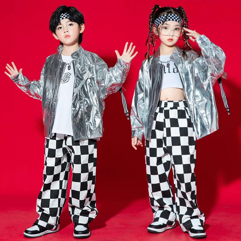 Kid Hip Hop Clothing Silver PU Motorcycle Jacket Coat Top Checkered Casual Wide Pants for Girls Boys Jazz Dance Costume Clothes