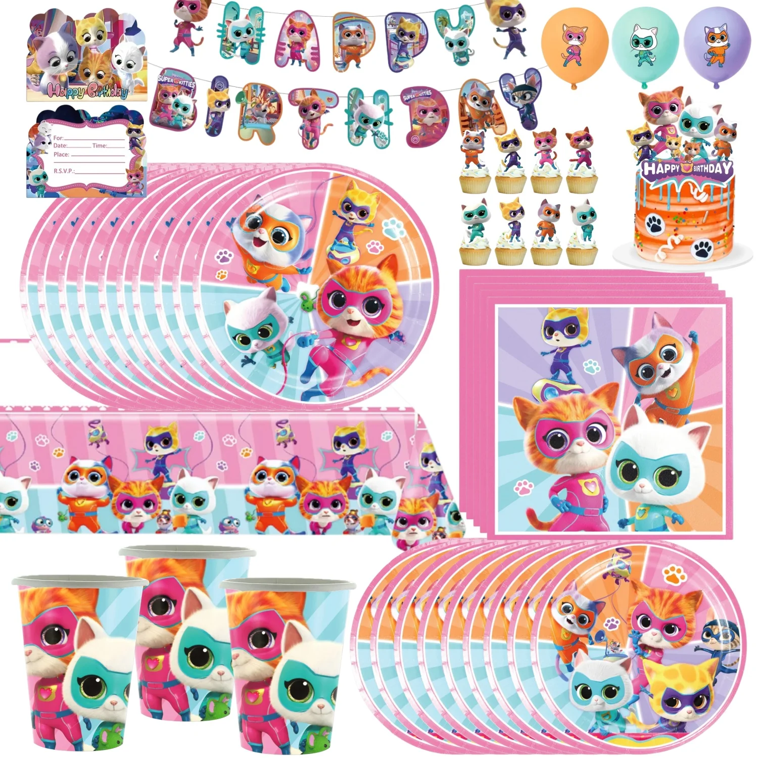 Niedliche Superkitties Geburtstagsparty-Dekoration Pfoten-Miau-Katzen-Tischgeschirr Tischdecke Teller Becher Ballon-Set Kinderparty-Zubehör Babyparty