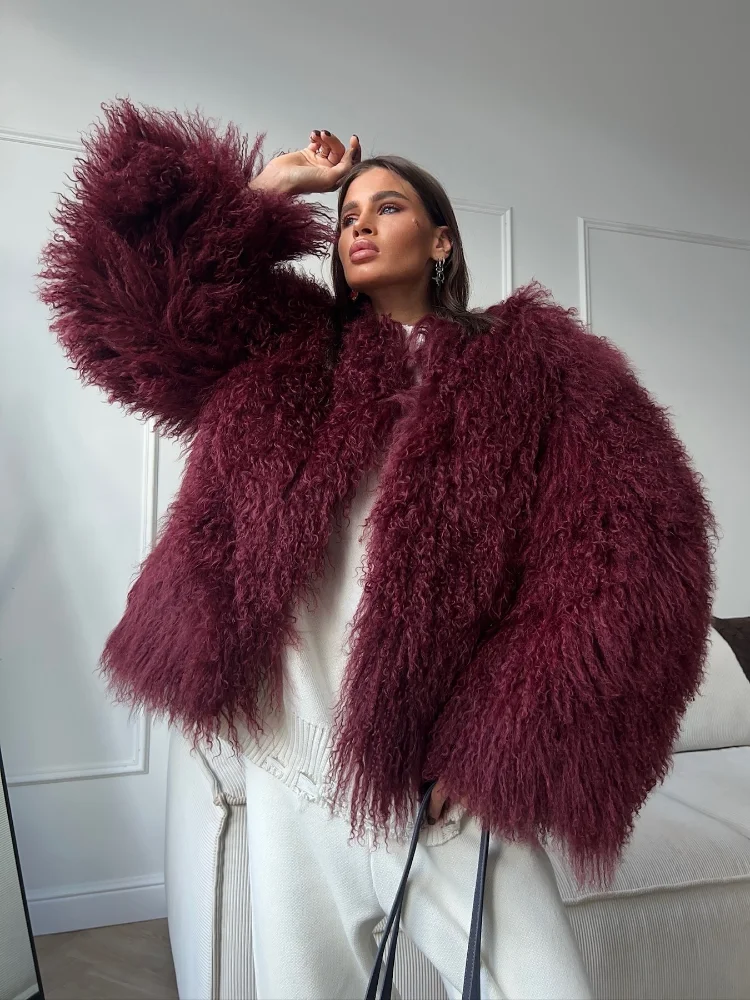 New Fashion Burgundy Oversized Fluffy Faux Fur Coat 2024 Chic Women O-neck Long Sleeved Warm Jacket Winter Lady Loose Streetwear