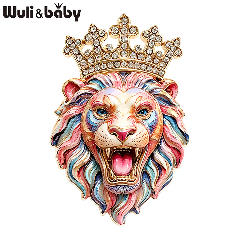 Wuli&baby Coole Löwen-Broschen für Damen, Unisex, 3-farbig, mit Strass-Krone, König der Tiere, Büro-Party-Broschen, Geschenke
